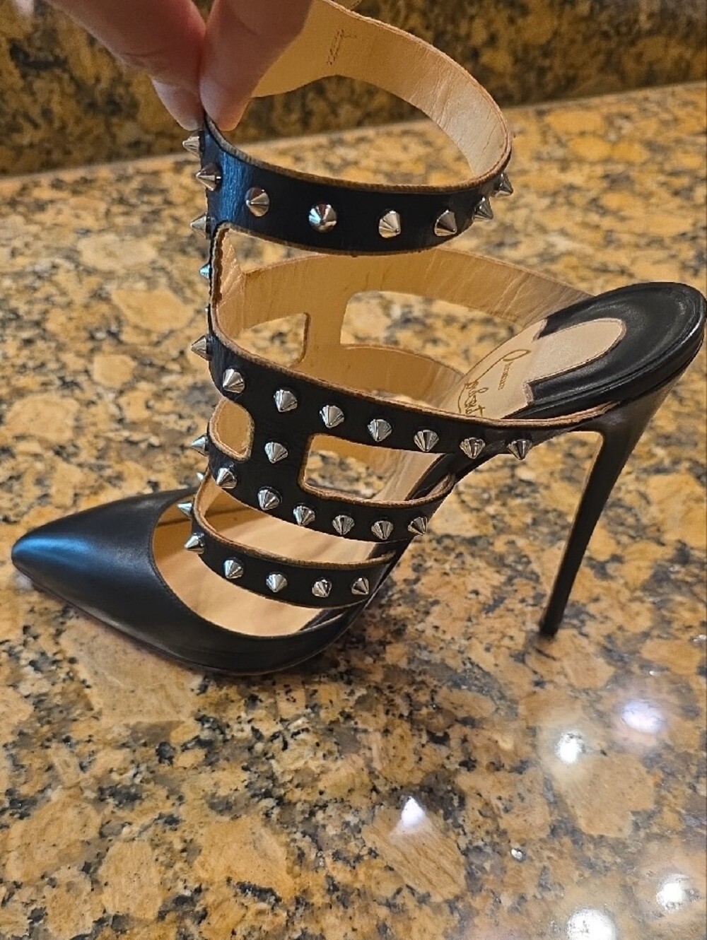 Christian Louboutin Black Leather Studded Strappy Pointed-Toe Pumps - Picture 15 of 15